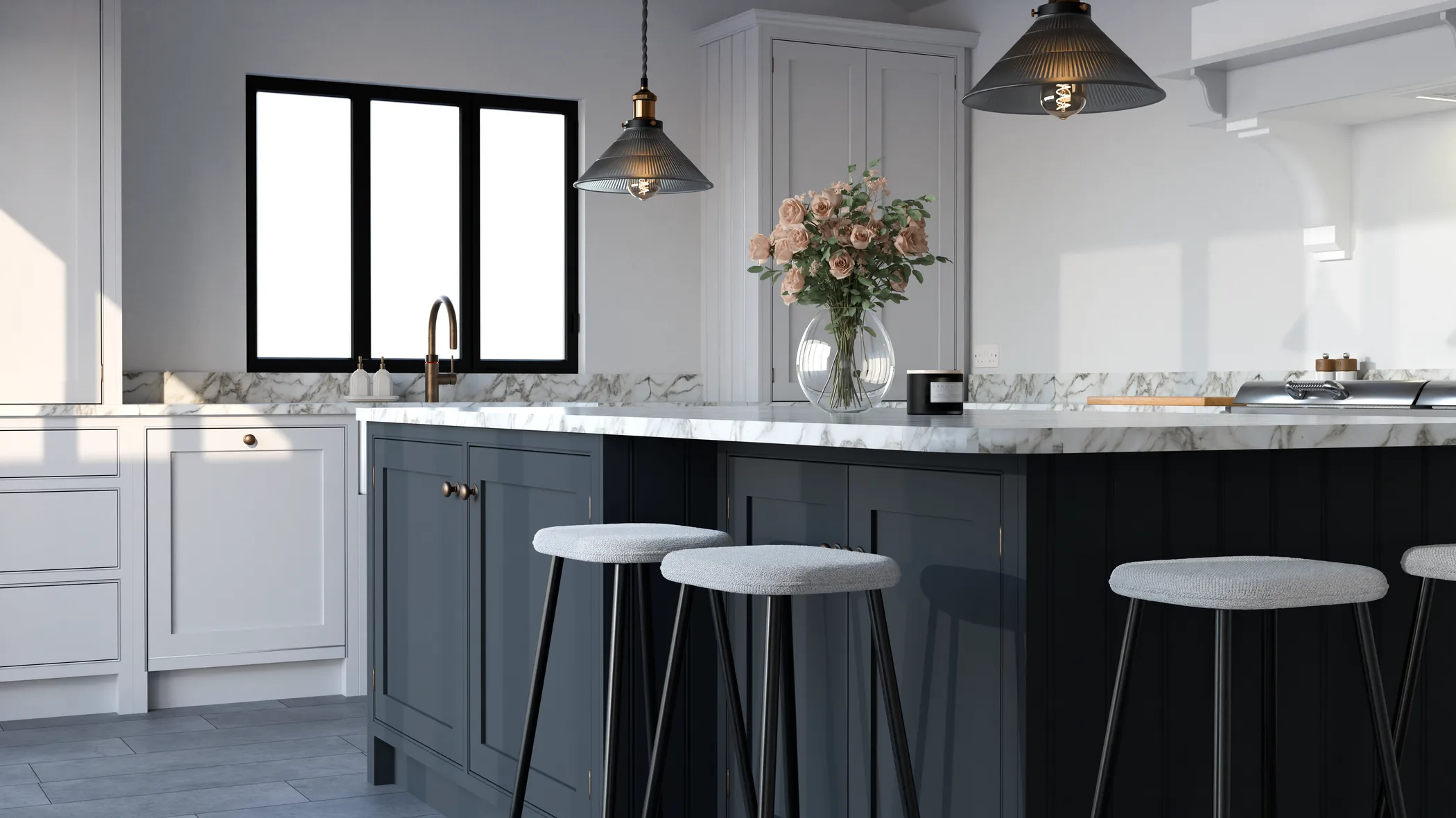 Dark kitchen island with stools and pendant lighting