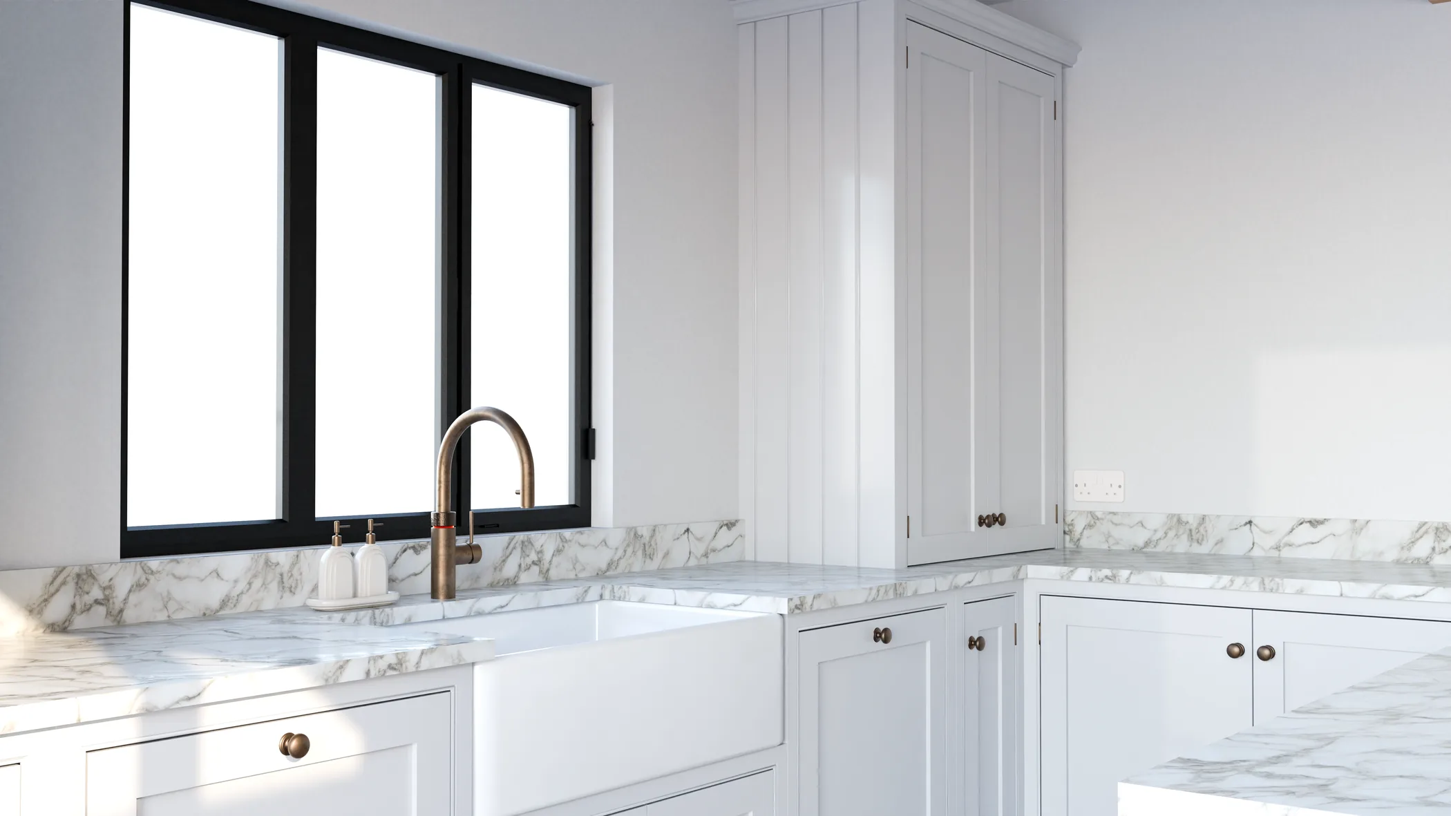 Marble counters and white kitchen storage
