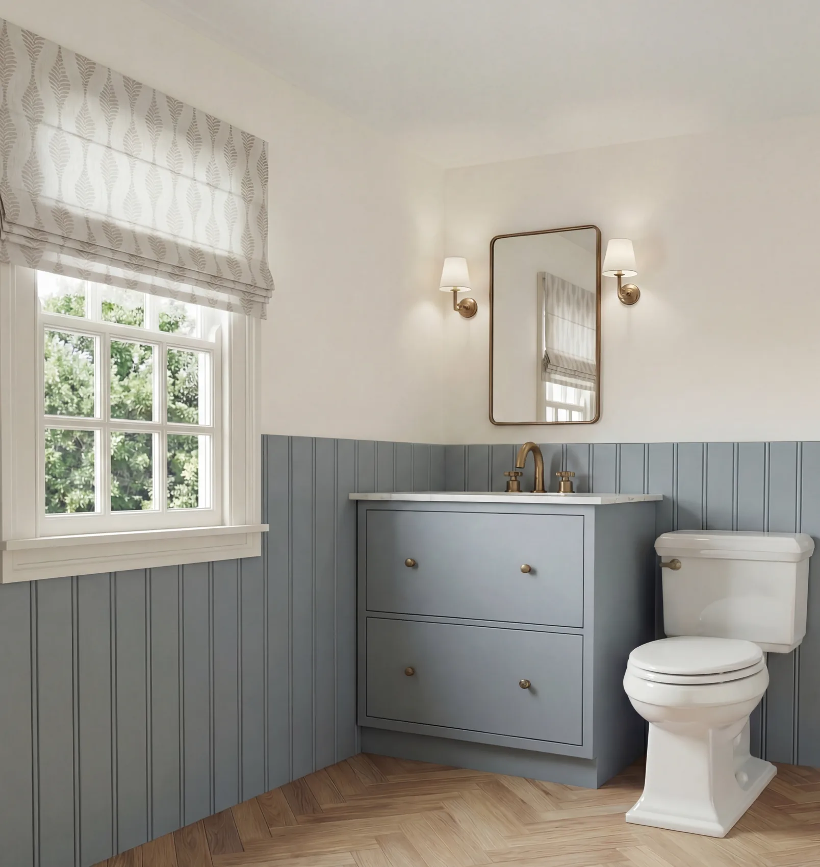 Bathroom with pale blue wall panelling and brass fittings