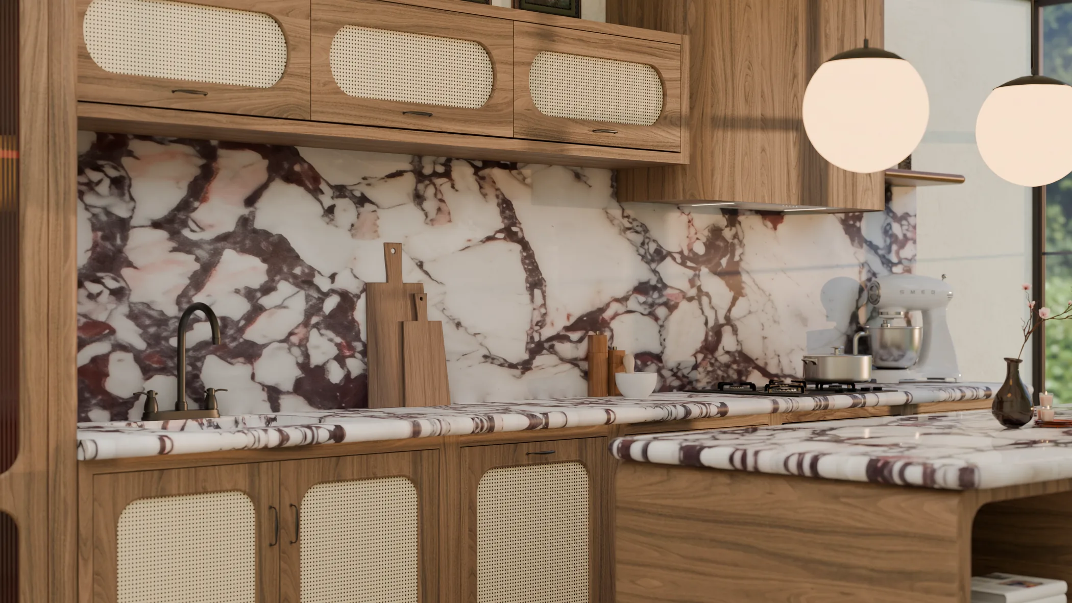Full view of a timber kitchen with richly veined marble and soft pendant lighting