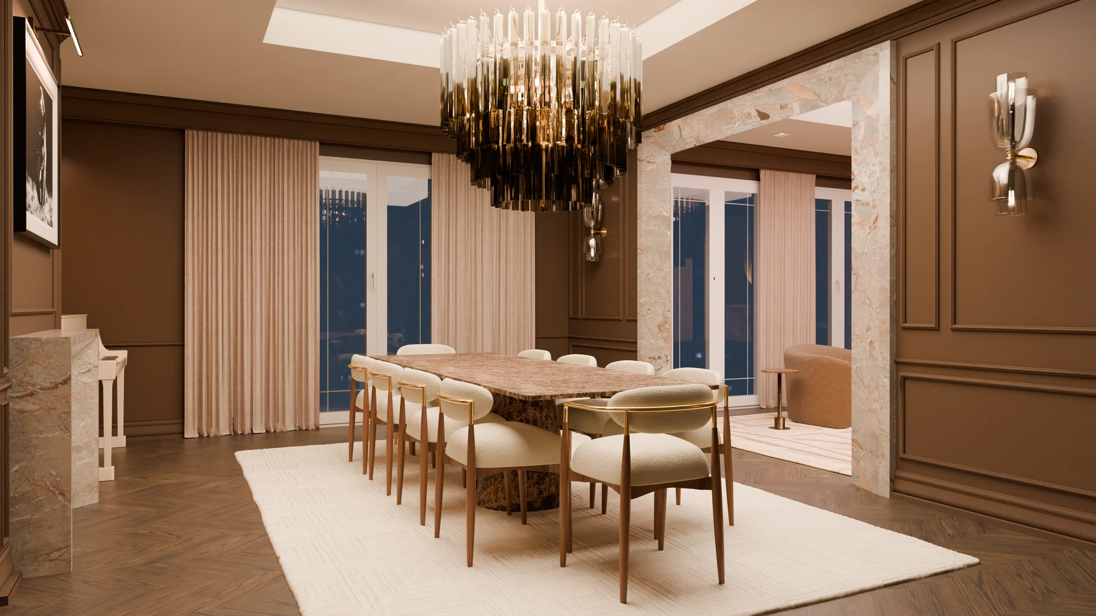 Dark timber dining room with a stone table and sculptural chandelier