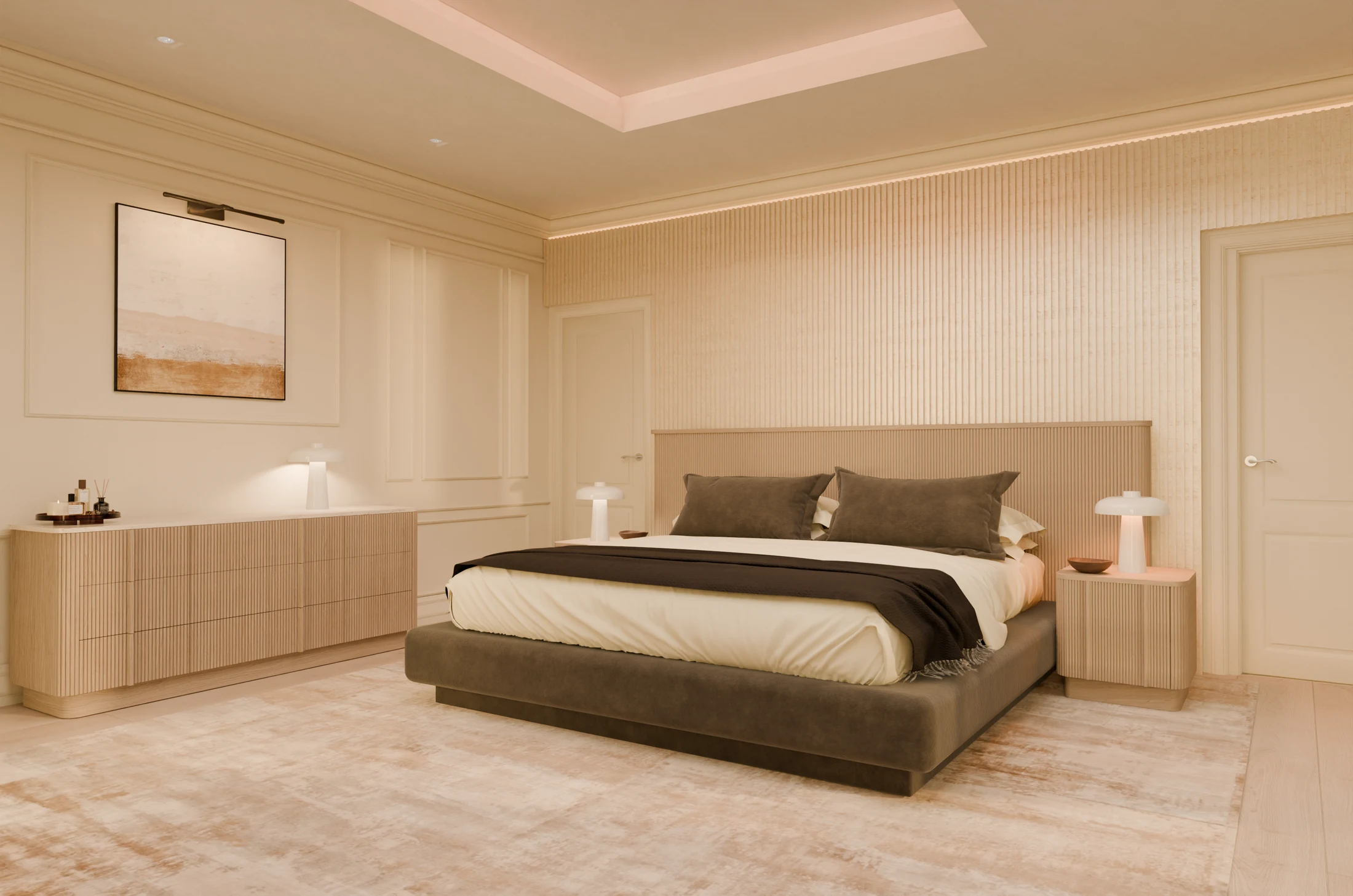 Warm neutral bedroom with an upholstered bed and timber joinery