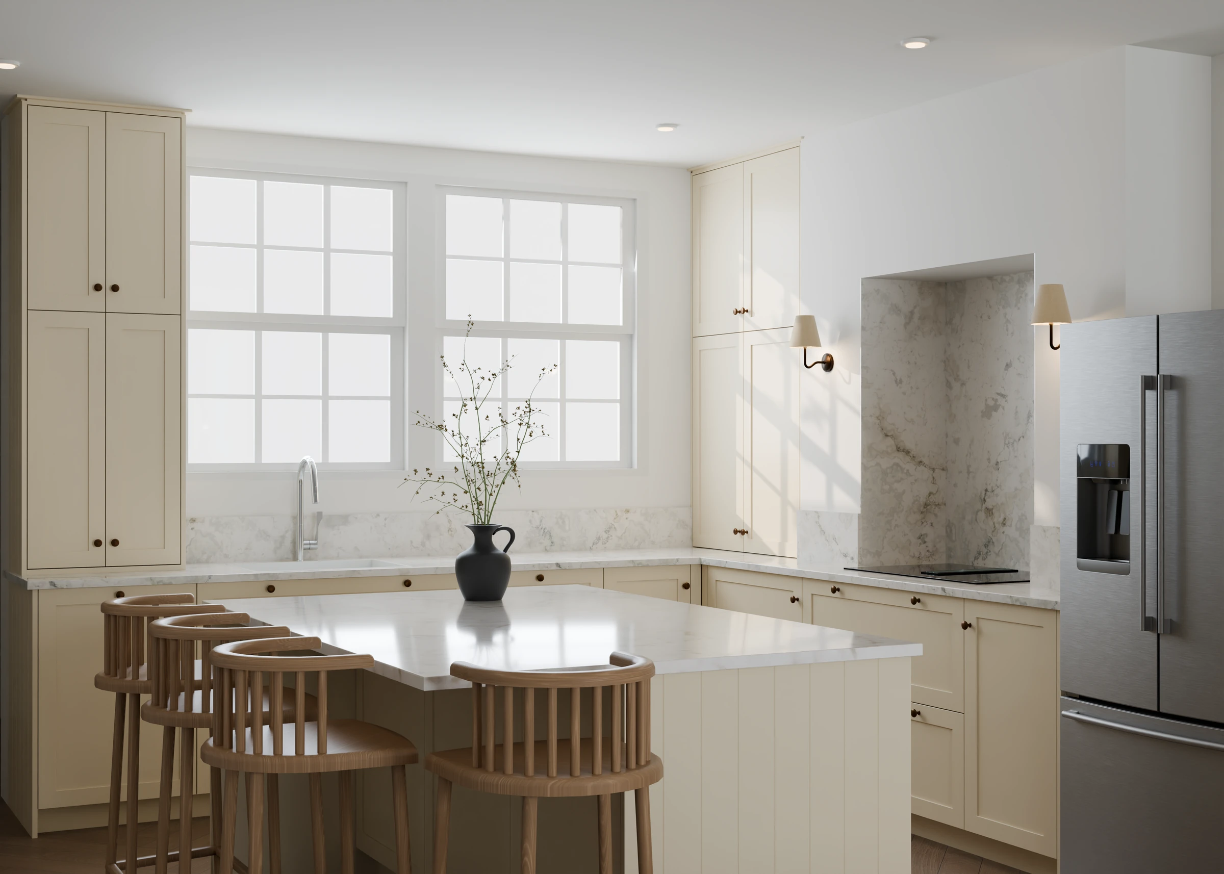 Bespoke cream kitchen with a marble island and bronze details