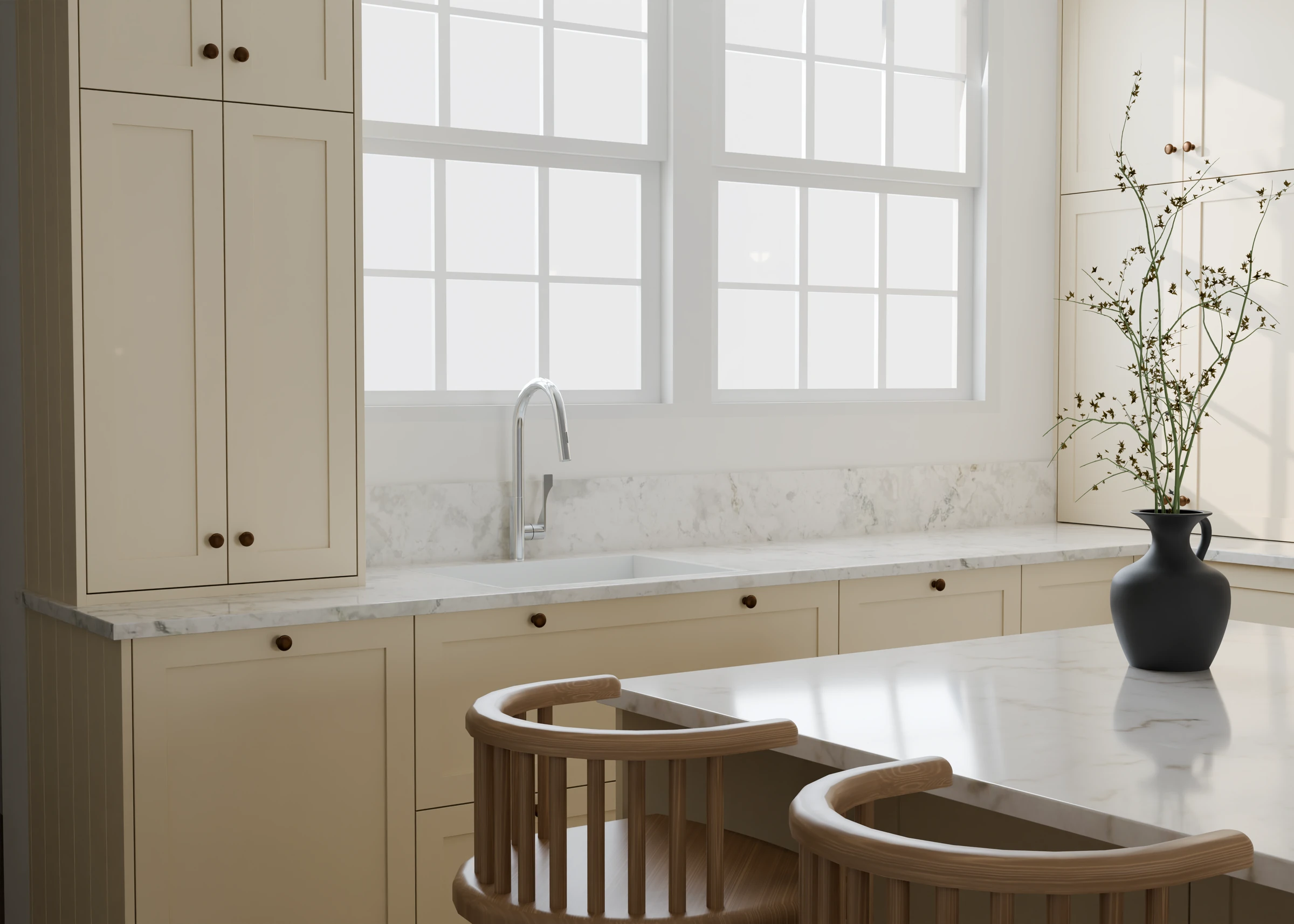 Bespoke kitchen with bronze hardware and polished marble