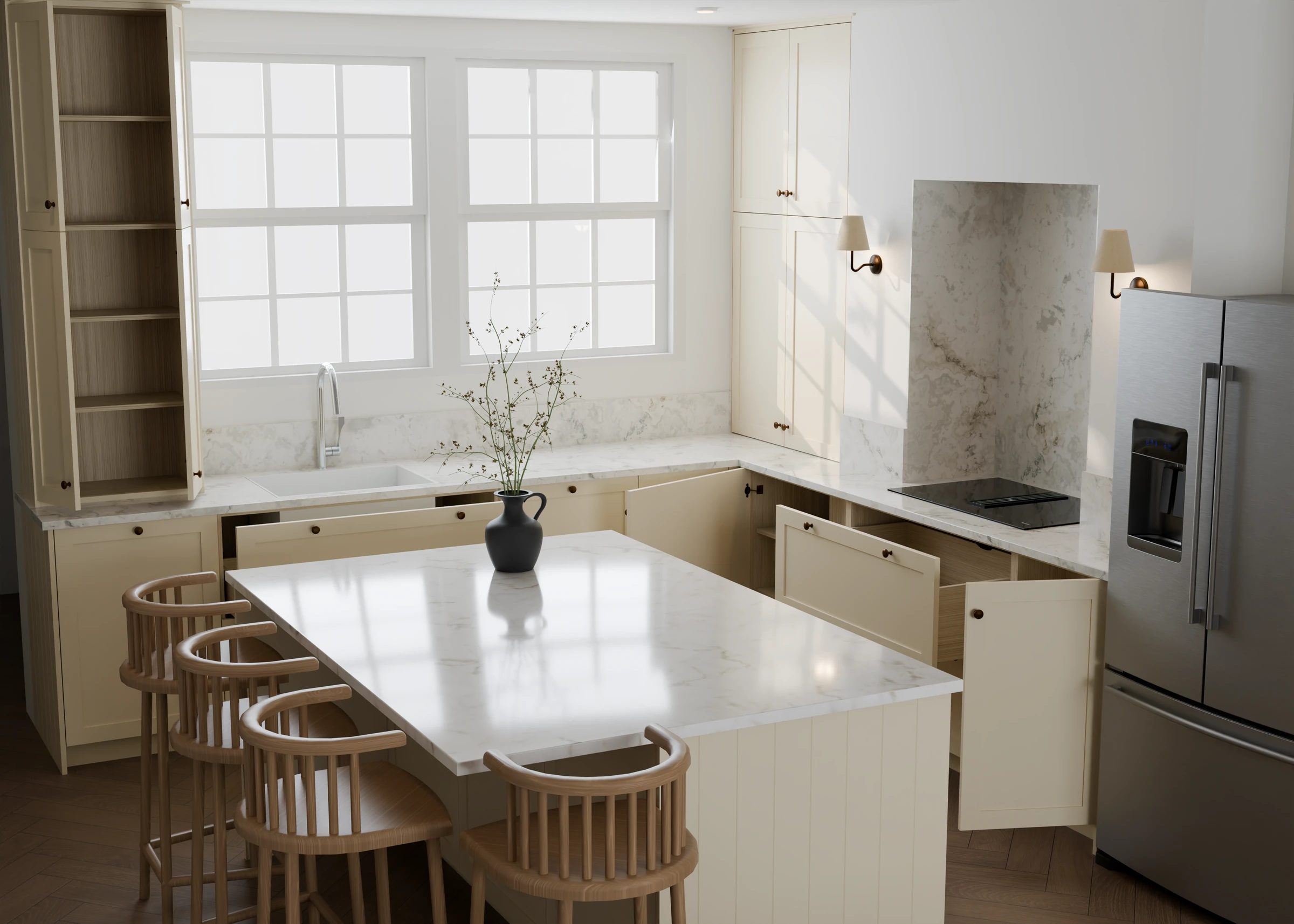 Bespoke kitchen with cupboard doors and drawers open