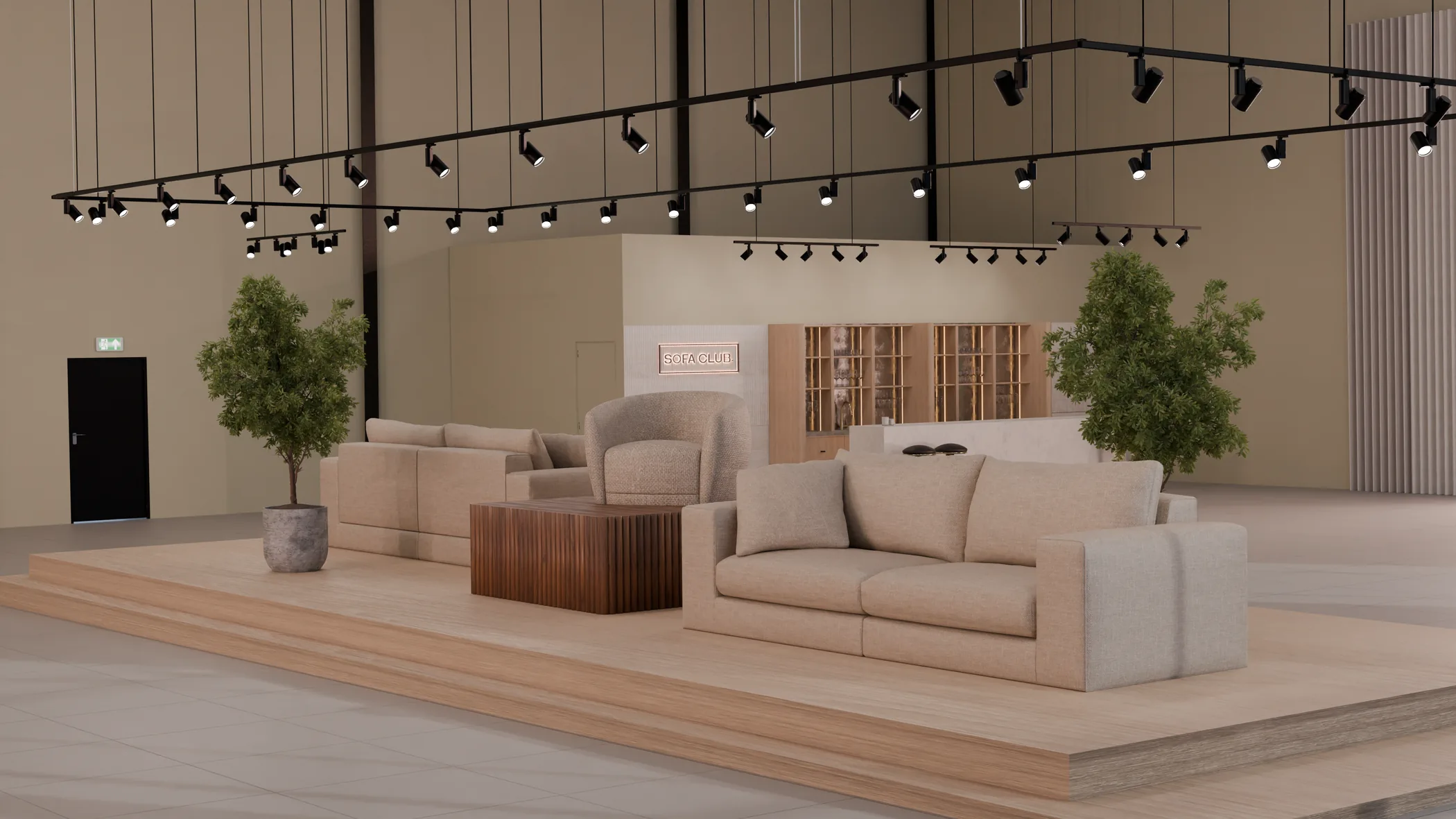 Furniture showroom with neutral seating and architectural lighting