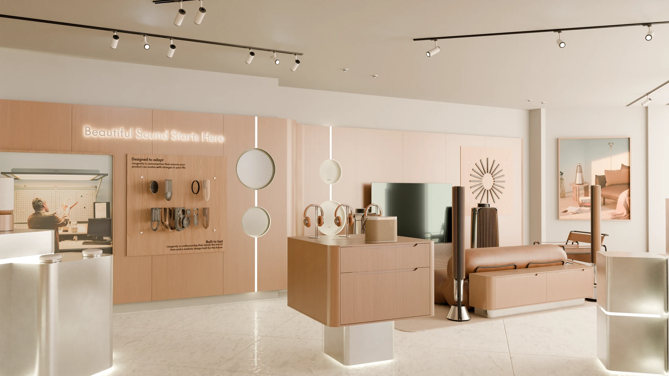 Paris audio showroom with timber displays and premium sound systems