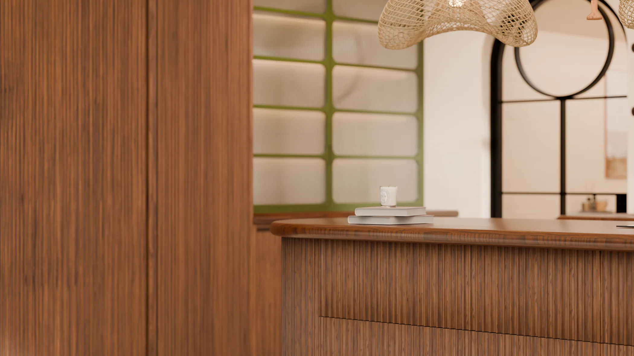 Detail of a curved timber kitchen island and woven pendant light